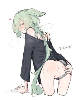 1girl azuma_shino bandaid black_shirt blush green_hair grey_panties heart heavy_breathing highres panties pussy pussy_juice shirt simple_background sketch sweat underwear voicevox yellow_eyes zundamon