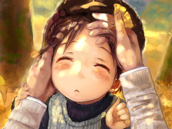 1boy 1girl :&lt; autumn blush brown_hair child closed_eyes contemporary flower forehead ginkgo_tree hand_in_own_hair hand_on_another&#039;s_face hand_on_another&#039;s_head hat holding holding_own_hair ichigo_mashimaro itou_chika leaf outdoors portrait short_hair sunlight sweater tree_shade walkalone