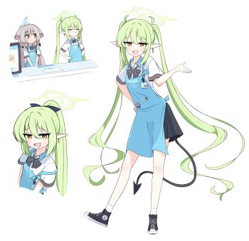 2girls absurdres animal_ears apron black_skirt blue_apron blue_archive blue_halo brown_eyes commentary_request convenience_store demon_girl demon_tail green_hair green_halo grey_hair halo highres kokona_(blue_archive) korean_commentary looking_at_viewer multiple_girls nozomi_(blue_archive) open_mouth pointy_ears ponytail shirt shop simple_background skirt smile store_clerk tail thighs tiger_ears tiger_girl twintails vinto716 white_background white_shirt yellow_eyes