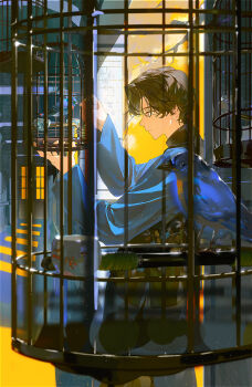 bird birdcage blue_bird blue_hanfu brown_hair cage chinese_clothes cowboy_shot from_side hair_between_eyes hands_up hanfu highres holding indoors long_sleeves male_focus original profile short_hair solo window xiaojiaju
