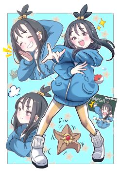 1girl :d ^^^ black_hair blue_hoodie border brown_eyes closed_mouth commentary crossed_arms cube_hair_ornament eyelashes gen_1_pokemon giorgio_(yo_sumire_sola1) hair_ornament highres hood hoodie leggings legs_apart lida_(pokemon) long_hair long_sleeves multiple_views musical_note nintendo open_mouth outside_border poke_ball poke_ball_(basic) pokemon pokemon_(creature) pokemon_legends:_z-a puff_of_air ribbed_socks shoes smile socks sparkle standing staryu teeth topknot upper_teeth_only white_border white_shoes