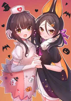 2girls 702_(naotsu) absurdres black_dress black_hair blush brown_eyes brown_hair closed_mouth cowboy_shot dress hair_ornament hairclip halloween halloween_costume hat highres inagi_(halloween)_(kancolle) inagi_(kancolle) jack-o'-lantern kantai_collection long_hair looking_at_viewer multiple_girls nurse_cap official_alternate_costume open_mouth patchwork_clothes puffy_short_sleeves puffy_sleeves short_hair_with_long_locks short_sleeves sidelocks smile ukuru_(halloween)_(kancolle) ukuru_(kancolle) white_headwear