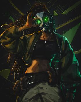 1girl absurdres arm_up belt belt_pouch black_belt commentary cowboy_shot crop_top dark-skinned_female dark_skin dreadlocks english_commentary facing_viewer green_background green_jacket grey_pants highres jacket jewelry long_hair long_sleeves mask metal_mask midriff navel necklace open_clothes open_jacket original pants pouch solo titanartx