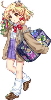 Rule 34 | 1girl, alternate costume, animal charm, animal print, bag, blonde hair, blue bag, bow, bowtie, brown cardigan, brown hat, brown shoes, cardigan, cellphone charm, charm (object), contemporary, frog print, full body, game cg, hair ribbon, hat, highres, holding, holding phone, leg warmers, loafers, long sleeves, looking at viewer, medium hair, mini hat, moriya suwako, official art, open cardigan, open clothes, open mouth, phone, plaid clothes, plaid skirt, pleated skirt, print bag, purple skirt, red bow, red bowtie, red ribbon, ribbon, rotte (1109), school bag, school uniform, shirt, shoes, shoulder bag, skirt, solo, third-party source, touhou, touhou lostword, transparent background, tress ribbon, white leg warmers, white shirt, yellow eyes