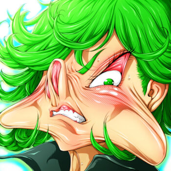 1girl close-up creepy deformed green_eyes green_hair humiliation looking_at_viewer matching_hair/eyes nikumi_(artist) nose one-punch_man parted_lips pig_nose short_hair solo sweat tatsumaki what white_background