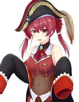1girl ascot black_coat bodystocking breasts coat commentary covered_navel fang hat heterochromia highres hololive houshou_marine medium_breasts mikoscrub pirate_hat red_ascot red_eyes red_hair shirt sleeveless sleeveless_shirt sleeves_past_fingers sleeves_past_wrists solo twintails upper_body virtual_youtuber yellow_eyes