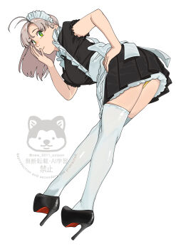 1girl absurdres alternate_costume apron black_dress black_shoes dress enmaided from_behind green_eyes grey_hair hand_on_own_hip high_heels highres kantai_collection kinugasa_(kancolle) kinugasa_kai_ni_(kancolle) long_hair looking_at_viewer looking_back maid maid_headdress ojipon panties pantyshot pleated_dress shoes simple_background solo thighhighs underwear watermark white_apron white_background white_thighhighs