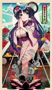 1girl 3d_glasses areola_slip black_eyes black_hair breasts cleavage cloud colored_inner_hair commentary detached_sleeves english_commentary female_pubic_hair film_strip flower gashi-gashi halo highres japanese_clothes kimono large_breasts long_hair looking_at_viewer multicolored_hair nail_polish no_panties original pelvic_curtain praying pubic_hair pubic_hair_peek purple_hair red_nails skeleton solo translation_request