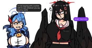 2girls ako_(blue_archive) anger_vein angry bell black_hair black_shirt black_wings blue_archive blue_eyes blue_halo breasts clenched_teeth english_text hair_between_eyes halo hasumi_(blue_archive) kinzaibatsu91 large_breasts long_hair looking_at_another multiple_girls neck_bell neckerchief red_eyes red_halo red_neckerchief shirt sideboob teeth white_background wings