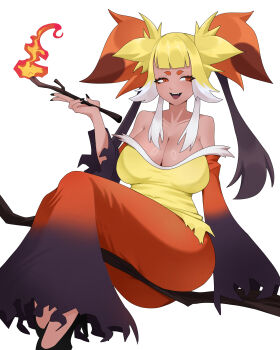 1girl black_nails breasts cleavage collarbone dark-skinned_female dark_skin delphox dress eyeliner fangs gen_6_pokemon humanization kaerujj large_breasts long_sleeves makeup mega_delphox nail_polish nintendo off_shoulder pokemon red_eyes riding slit_pupils solo stick white_background wide_hips wide_sleeves