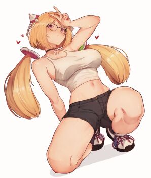 1girl absurdres aki_rosenthal arm_up black_choker black_shorts black_socks blonde_hair bob_cut breasts choker commentary detached_hair full_body glasses headgear heart heart_pendant highres hololive large_breasts low_twintails midriff navel open_fly parted_bangs pendant_choker purple_eyes shoes short_hair short_shorts shorts simple_background socks solo squatting symbol-only_commentary tank_top twintails v varniskarnis virtual_youtuber white_background white_shoes white_tank_top