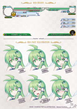 1girl antenna_hair aqua-lia artbook bad_id bad_source bandaid bandaid_on_face blush character_name closed_eyes closed_mouth cropped_head crying empty_eyes english_text expressionless frog_hair_ornament frown furrowed_brow fushigi_no_gensokyo gloom_(expression) green_eyes green_hair grey_background grid_background hair_ornament hair_tubes health_bar highres kochiya_sanae long_single_sidelock looking_at_viewer multiple_expressions non-web_source official_art open_mouth page_number parted_lips smile solo sparkling_eyes sprite_sheet sweatdrop touhou translation_request user_interface