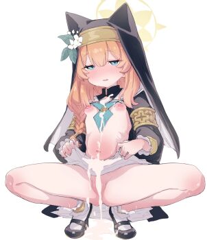 1girl animal_ear_headwear animal_ears armband black_shoes blue_archive blue_eyes coif cum cum_on_body cum_on_pussy cum_on_stomach emanonta fake_animal_ears flower full_body halo hat hat_flower highres lifting_own_clothes loli long_hair long_sleeves looking_at_viewer mari_(blue_archive) navel nipples open_mouth orange_hair shoes simple_background socks solo squatting tiptoes white_background white_flower white_socks yellow_armband yellow_halo