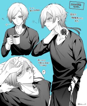 1boy arm_tattoo blue_lock closed_mouth commentary_request cowboy_shot cup fingernails flower_tattoo gradient_hair hand_in_pocket hand_on_own_neck highres holding holding_cup long_hair long_sleeves male_focus michael_kaiser moco_(1553561764583079936) multicolored_hair neck_tattoo open_mouth three-quarter_sleeves tattoo translation_request two-tone_background upper_body