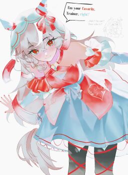 1girl anger_vein animal_ears blush bow breasts brown_hair closed_mouth commentary detached_sleeves dress ear_covers ear_ribbon english_commentary english_text evil_smile hair_between_eyes hair_ornament highres holding holding_knife horse_ears horse_girl horse_tail knife long_hair looking_at_viewer red_dress red_eyes red_ribbon ribbon simple_background small_breasts smile speech_bubble still_in_love_(scarlet_vow_raiment)_(umamusume) still_in_love_(umamusume) tail theheavenpit umamusume veil white_streaks white_veil yandere