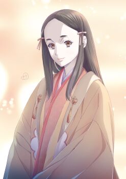 Rule 34 | 1girl, brown eyes, closed mouth, commentary request, flower knot, fujinami (yatagarasu series), hair ribbon, haori, highres, japanese clothes, karasu wa aruji wo erabanai, kimono, long hair, long sidelocks, looking at viewer, nori (norimakigumo), pale skin, pink kimono, pink ribbon, ribbon, sidelocks, signature, smile, solo, tassel, upper body, yellow haori