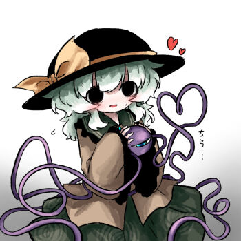 1girl black_eyes black_hat bow collared_shirt fedora floral_print frilled_shirt_collar frills gradient_background green_hair green_skirt hat hat_bow heart heart_of_string heripantomorrow holding jacket komeiji_koishi light_smile long_sleeves looking_at_viewer medium_hair open_mouth rose_print shirt simple_background skirt solo third_eye touhou wide_sleeves yellow_bow yellow_jacket