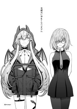 2girls bat_wings breasts chest_tattoo commentary_request earrings fate/grand_order fate_(series) glasses greyscale highres hood hoodie jewelry large_breasts lilith_(fate) lilith_(first_ascension)_(fate) long_hair looking_at_viewer mash_kyrielight monochrome multiple_girls neck_tattoo necktie pantyhose pompoppo short_hair single_earring tattoo thigh_strap twintails wings
