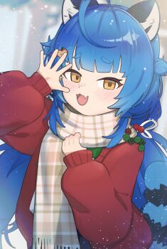 1girl :3 absurdres ahoge alt_text alternate_costume animal_ears apple_hair_ornament blue_hair blunt_bangs blush chachironi3 chromashift commentary english_commentary eyelashes fang food-themed_hair_ornament hair_ornament highres jacket long_hair long_sleeves open_mouth plaid_clothes plaid_scarf poko_rakun raccoon_ears raccoon_girl raccoon_tail red_jacket scarf skin_fang smile snowing solo tail thick_eyebrows upper_body virtual_youtuber waving winter_clothes yellow_eyes