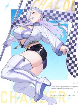 1girl absurdres bandeau black_shorts blue_lips blush boots braid breasts cleavage eyeliner fate/grand_order fate_(series) flag grin hair_over_one_eye high_heel_boots high_heels highres hiyayaako jacket large_breasts long_hair long_sleeves looking_at_viewer makeup mrs._snake_(fate) race_queen short_shorts shorts smile solo thigh_boots thighs white_bandeau white_boots white_hair white_jacket yellow_eyes
