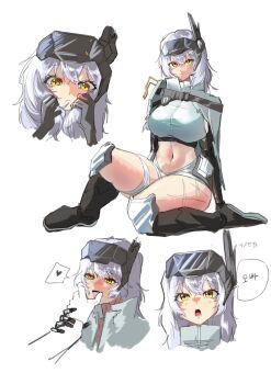 1girl breasts cloak disembodied_hand full_body goddess_of_victory:_nikke hashtag-only_commentary head-mounted_display heart highres ihyemin60346 korean_text large_breasts mechanical_arms navel official_alternate_costume official_alternate_design pilgrim_symbol_(nikke) scar_on_thighs simple_background snow_white_(heavy_arms)_(nikke) snow_white_(nikke) speech_bubble torn_cloak torn_clothes translation_request visor_(armor) white_background white_cloak white_hair yellow_eyes