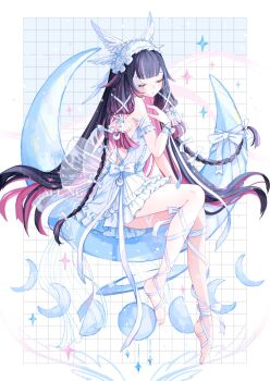 1girl black_hair bow closed_eyes closed_mouth columbina_(genshin_impact) commentary_request crescent dress from_side full_body genshin_impact hair_ornament hand_up highres long_hair moon_phases purple_hair sitting sleeveless sleeveless_dress solo very_long_hair watermark white_background white_bow white_dress wing_hair_ornament yutukicom