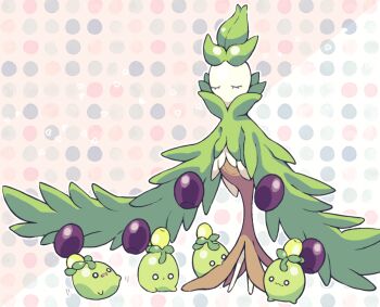 arboliva closed_eyes closed_mouth commentary_request full_body heart minashirazu nintendo no_humans open_mouth pokemon pokemon_(creature) simple_background smoliv wavy_mouth