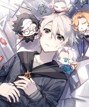 2boys absurdres aesop_carl aesop_carl_(blindspot) black_eyes black_hair black_necktie blonde_hair blue_eyes candy chibi chinese_commentary collarbone commentary_request curtained_hair dutch_angle eraser facial_scar food grey_hair hair_between_eyes hands_on_own_chest highres identity_v joseph_desaulniers joseph_desaulniers_(d.m.) joseph_desaulniers_(hangover) joseph_desaulniers_(judge) long_sleeves lying male_focus multiple_boys multiple_persona necktie on_back papers pencil puffy_long_sleeves puffy_sleeves ruler sailor_collar scar scar_on_cheek scar_on_face school_uniform short_hair solo_focus stitched_mouth stitches stuffed_toy too_many_papers upper_body watashi_wa_chibi white_hair