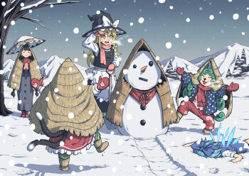 5girls :d ajirogasa black_hair black_hat black_vest blonde_hair blue_dress blue_hair blue_happi bow chen cirno day dress face_down gloves green_hair grey_dress grey_sky hat hat_bow horns inuno_rakugaki kirisame_marisa komano_aunn lying multiple_girls multiple_tails on_stomach open_mouth outdoors pants pink_gloves pink_scarf red_pants red_skirt scarf shirt single_horn skirt sky smile snowing snowman straw_cape tail touhou two_tails vest white_bow white_shirt winter winter_gloves witch_hat yatadera_narumi