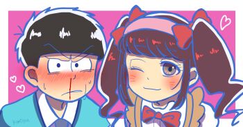 1boy 1girl black_hair blood blush brown_hair chibimi heart highres matsuno_ichimatsu nosebleed one_eye_closed osomatsu-san osomatsu_(series) pink_background ribbon smile sousaku_ringo twintails v-shaped_eyebrows