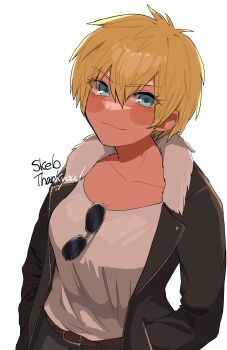 1girl aqua_eyes belt blonde_hair blush blush_stickers breasts brown_belt brown_jacket collarbone commentary_request commission eyelashes fur-trimmed_jacket fur_trim hair_between_eyes hands_in_pockets highres jacket koucha_(pankeki_koucha) long_sleeves open_clothes open_jacket original shirt short_hair simple_background skeb_commission solo sunglasses thank_you tomboy unworn_eyewear very_short_hair white_background white_shirt