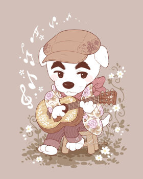 Rule 34 | 1boy, :3, acoustic guitar, animal crossing, artist name, bandana, beamed eighth notes, blush, blush stickers, brown background, brown hat, brown pants, buttons, closed mouth, commentary, dog boy, eighth note, english commentary, floral print, flower, furry, furry male, grass, guitar, half note, hat, holding, holding instrument, instrument, jacket, k.k. slider (animal crossing), long sleeves, male focus, music, musical note, newsboy cap, nintendo, on stool, open clothes, open jacket, pants, plant, playing instrument, polka dot, polka dot bandana, print jacket, red bandana, samantha whitten, signature, simple background, sitting, smile, solo, stool, striped clothes, striped pants, treble clef, vertical-striped clothes, vertical-striped pants, vines, white flower, white jacket