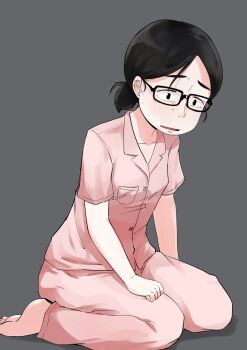 Rule 34 | 1girl, barefoot, black hair, glasses, grey background, jimiko, kirinama01, mojyo, original, pajamas, short sleeves, sitting, tearing up, wariza