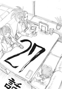 10s 1boy 2girls boku_no_hero_academia graphite_(medium) greyscale hair_over_one_eye highres horikoshi_kouhei jiro_kyoka long_hair long_sleeves md5_mismatch mineta_minoru monochrome multiple_girls necktie netorare perspective plant plug ponytail potted_plant resized restaurant school_uniform short_hair sitting table traditional_media yaoyorozu_momo