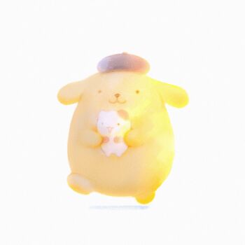 Rule 34 | :3, animal, beret, black hat, cat, commentary, dog, full body, hat, highres, holding, holding animal, holding cat, muffin (sanrio), no humans, pompompurin, sanrio, shadow, shiratsuyu mone, simple background, solo, untranslatable commentary, white background