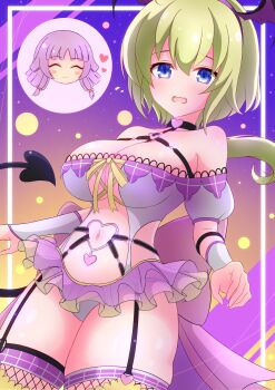 2girls ^_^ amano_soraha assault_lily back_bow baichi_(ph4yvfsqyynkhnv) banshouya_ena black_choker blonde_hair blue_eyes blunt_bangs blush bow breasts chest_harness chibi chibi_inset choker closed_eyes closed_mouth clothing_cutout commentary cosplay cowboy_shot cross-laced_clothes cross-laced_leotard demon_tail detached_sleeves fake_tail fake_wings fishnet_thighhighs fishnets frilled_leotard frills from_below gradient_background hair_between_eyes hairband halloween_costume harness hayakawa_yahiro hayakawa_yahiro_(cosplay) head_wings heart heart_choker heart_o-ring highres large_breasts leotard long_hair looking_at_viewer low-tied_sidelocks low_ponytail multicolored_leotard multiple_girls navel o-ring off-shoulder_leotard open_mouth orange_background ponytail puffy_short_sleeves puffy_sleeves purple_background purple_bow purple_hair purple_hairband purple_leotard purple_wings ribbon see-through_clothes see-through_leotard short_sleeves side_cutout sidelocks smile standing stomach stomach_cutout symbol-only_commentary tail thighhighs two-tone_leotard wavy_mouth white_leotard wings yellow_ribbon yellow_thighhighs