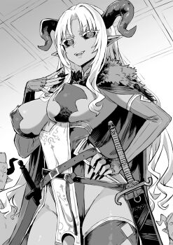 1girl asanagi asmonadia black_sclera breasts bright_pupils cape claws cleavage colored_sclera covered_erect_nipples cowboy_shot dark-skinned_female dark_skin demon_girl demon_horns elbow_gloves fangs fingerless_gloves fur-trimmed_cape fur_trim gloves greyscale groin hand_on_own_hip highres horns indoors large_breasts long_hair monochrome novel_illustration official_art open_mouth orc_eiyuu_monogatari pointy_ears sheath sheathed sideboob slit_pupils smile solo_focus sword thick_thighs thighhighs thighs very_long_hair weapon wide_hips