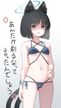 1girl animal_ears bikini black_eyes black_hair black_tail blue_archive blue_bikini blue_halo blue_tail blush breasts cameltoe cat_ears cat_girl cat_tail check_translation criss-cross_straps gluteal_fold halo highres hudeako kikyou_(blue_archive) kikyou_(swimsuit)_(blue_archive) layered_bikini looking_at_viewer medium_breasts multi-strapped_bikini_top multiple_tails navel official_alternate_costume pubic_hair pubic_hair_peek short_hair solo swimsuit tail translation_request two_tails