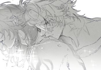 Rule 34 | 2boys, absurdres, astercatto, closed mouth, commentary, english commentary, eyelashes, from side, greyscale, highres, honkai: star rail, honkai (series), male focus, medium hair, monochrome, multiple boys, mydei (honkai: star rail), neck tattoo, parted lips, phainon (honkai: star rail), short hair, simple background, sun symbol, sun tattoo, tan, tattoo, upper body, white background, yaoi