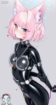 1boy 1girl bdsm blue_archive blue_eyes blush bodysuit breasts chastity_belt chastity_bra collar doodle_sensei_(blue_archive) egg_vibrator grey_background heart highres impossible_bodysuit impossible_clothes latex latex_bodysuit looking_at_viewer maguro27 medium_breasts medium_hair niko_(blue_archive) pink_hair sensei_(blue_archive) sex_toy skin_tight slave smile standing vibrator