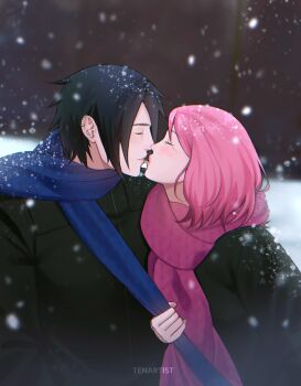 Rule 34 | 1boy, 1girl, alternate costume, artist name, black hair, black jacket, blue scarf, blurry, blurry background, blurry foreground, bob cut, boruto: naruto next generations, closed mouth, clothes grab, commentary, couple, english commentary, hair over one eye, haruno sakura, height difference, hetero, highres, houndstooth, husband and wife, imminent kiss, jacket, light blush, naruto (series), outdoors, pink hair, pink scarf, profile, scarf, snowing, swept bangs, tenartistt, uchiha sasuke, upper body, watermark, winter