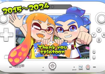 Rule 34 | 1boy, 1girl, blue eyes, blue hair, commentary request, copyright name, crying, furu spla, game console, goodbye, highres, incoming fist bump, inkling, inkling boy, inkling girl, inkling player character, long hair, nintendo, one eye closed, open mouth, orange eyes, orange hair, pointy ears, short hair, smile, splatoon (series), splatoon 1, streaming tears, tearing up, tears, teeth, tentacle hair, thank you, thick eyebrows, waving, wii u, wii u gamepad