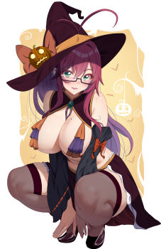 1girl absurdres ahoge akihiro0920 black_dress black_thighhighs blush bow breasts cleavage commentary_request detached_sleeves dress glasses green_eyes halloween halloween_costume hat hat_bow highres jack-o&#039;-lantern kimi_no_koto_ga_dai_dai_dai_dai_daisuki_na_100-nin_no_kanojo large_breasts long_hair looking_at_viewer mole mole_on_breast orange_bow red_hair semi-rimless_eyewear sidelocks smile solo squatting thighhighs under-rim_eyewear white_background witch_hat yakuzen_kusuri yakuzen_kusuri_(older)