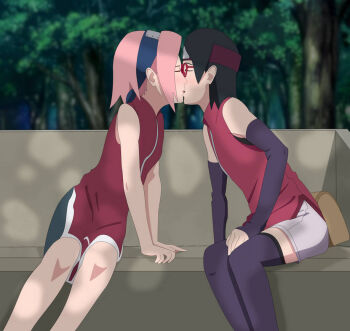 2girls arm_support artist_request bare_arms bare_legs bench black_hair blush boruto:_naruto_next_generations breasts closed_eyes collared_dress collared_vest detached_sleeves dress feet_out_of_frame flat_chest from_side glasses groin hand_on_own_leg hand_on_own_thigh haruno_sakura incest kiss kodomo_doushi mother_and_daughter multiple_girls naruto_(classic) naruto_(series) nature parent_and_child pink_hair short_hair shorts sitting sitting_on_object sleeveless sleeveless_dress small_breasts thighhighs time_paradox tree tree_shade uchiha_sarada vest white_shorts yuri zipper