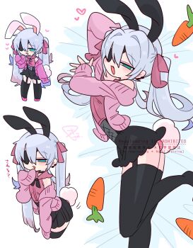 1boy :o animal_ear_hairband animal_ears arched_back arm_up bare_shoulders black_choker black_corset black_hairband black_neckerchief black_ribbon black_skirt black_thighhighs blue_eyes blue_hair blush bow bulge cardigan carrot choker collar collared_shirt colored_tips corset cowboy_shot crossdressing crossdressing_(mtf) double-parted_bangs earclip extra_ears eyepatch fake_animal_ears fake_tail flipped_hair frilled_collar frilled_shirt_collar frills from_above full_body garter_straps hair_between_eyes hair_bow hair_intakes hairband hand_up heart highres leaning_forward long_hair lying male_focus miniskirt multicolored_hair multiple_views narrowed_eyes neck_ribbon neckerchief no_nose no_pupils no_shoes off_shoulder on_side one_eye_covered op_na_yarou open_cardigan open_clothes open_mouth original parted_lips pink_bow pink_cardigan pink_shirt pink_shoes quad_tails rabbit_boy rabbit_ear_hairband rabbit_ears rabbit_tail raised_inner_eyebrows red_hair ribbon rigel_(op_na_yarou) shirt shoes sidelocks simple_background skirt sleeveless sleeveless_shirt sleeves_past_fingers sleeves_past_wrists straight_hair tail thighhighs thighs trap very_long_hair watermark white_background white_hair