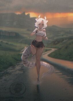 1girl abs animal_ears crop_top dark-skinned_female dark_skin dragon_horns dragon_tail fingerless_gloves gloves grey_hair horns indie_virtual_youtuber looking_at_viewer muscular muscular_female navel outdoors rain running sansin_jin second-party_source short_hair shorts solo tail taku_artworks virtual_youtuber yellow_eyes