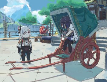 3girls artist_name asymmetrical_gloves black_bodysuit blue_sky boat bodysuit braid chibi chinese_clothes cloud cloudy_sky coat coat_on_shoulders crop_top fur_collar fur_trim genshin_impact gloves hair_ornament madame_ping_(genshin_impact) multiple_girls rickshaw sailboat shenhe_(genshin_impact) sidelocks sky stairs tassel tree watercraft white_coat xinzoruo yelan_(genshin_impact)