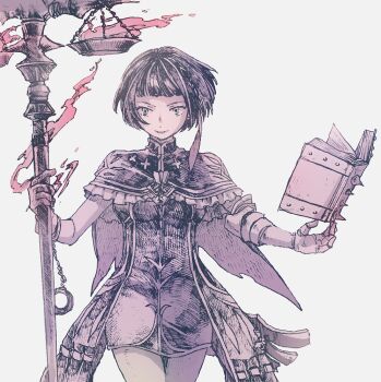 1girl another_eden blunt_bangs bob_cut book breasts capelet closed_mouth coat commentary_request cowboy_shot cuffs dress fire floating floating_book floating_object frilled_capelet frills gauntlets gloves hair_ribbon handcuffs holding holding_staff looking_at_viewer medium_breasts michibata_65 monochrome open_clothes open_coat pink_theme pyrokinesis ribbon rosetta_(another_eden) short_dress short_hair simple_background single_gauntlet single_glove solo staff standing straight-on white_background