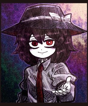 1girl :&gt; arm_garter black_arm_garter black_hat blush blush_stickers bow collar false_smile hair_between_eyes hat hat_bow necktie reaching reaching_towards_viewer red_eyes shirt short_hair smile solo suenari_(peace) touhou usami_renko white_bow white_collar white_shirt