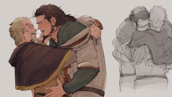2boys askeladd bjorn_(vinland_saga) blonde_hair braid braided_beard brown_capelet brown_hair capelet commentary_request eshino_makiya03 facial_hair goatee grey_background hand_on_another's_chin hand_on_another's_waist highres hug long_hair male_focus multiple_boys open_mouth short_hair sketch sweat upper_body vinland_saga yaoi
